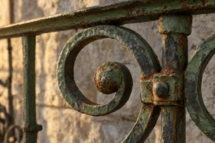 Volute de fer forgé patinée sur une grille ancienne, peinture écaillée et rouille légère au soleil rasant