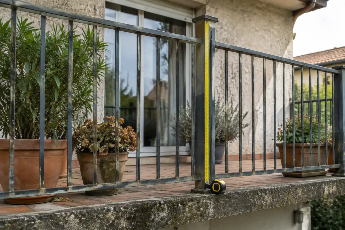 Garde-corps à barreaux sur une terrasse en étage, mètre ruban déroulé contre un poteau