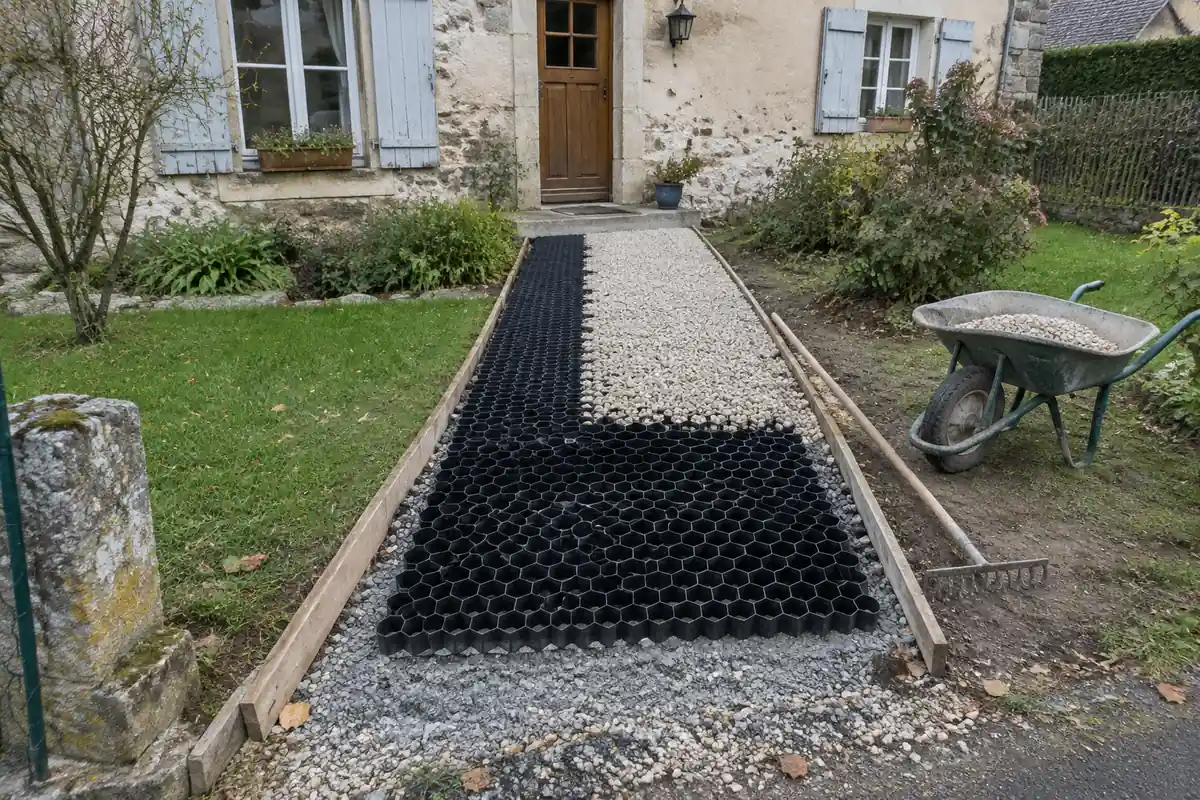 Allée en chantier devant une maison, plaques alvéolaires posées sur la grave compactée et en partie remplies de gravier