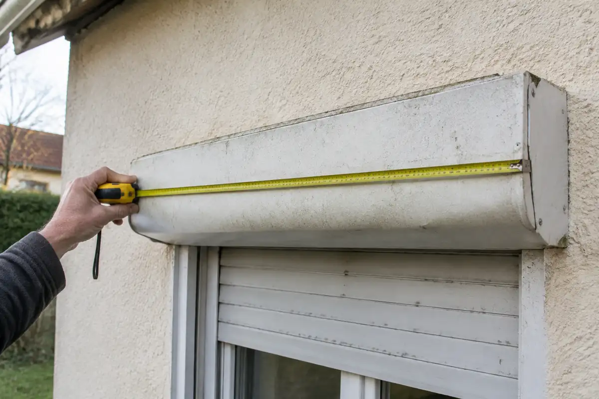 Une main tend un mètre ruban jaune le long du coffre d'un volet roulant fixé au-dessus d'une fenêtre sur un mur crépi