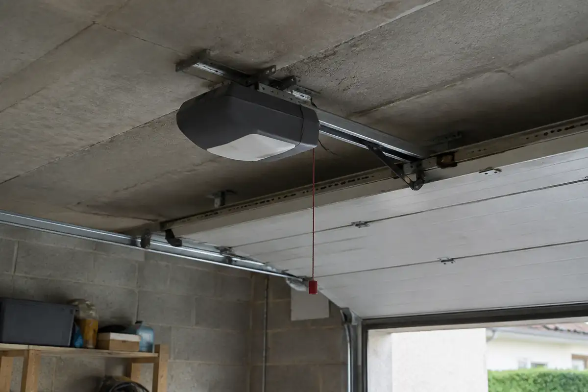 Moteur de porte de garage fixé à un rail au plafond d'un garage