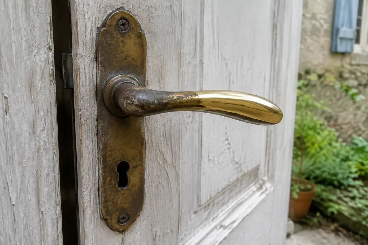 Gros plan d'une poignée de porte en laiton, moitié ternie moitié brillante