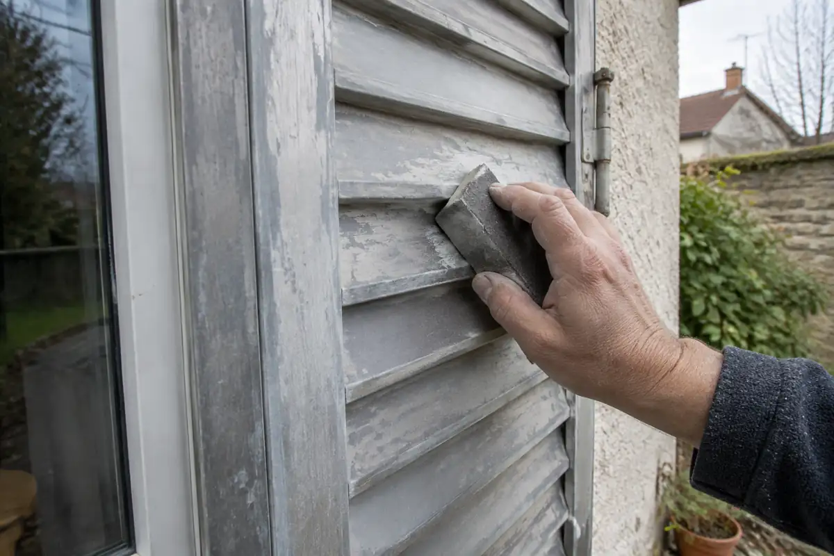Main qui égrène au papier fin un volet en aluminium avant de le repeindre